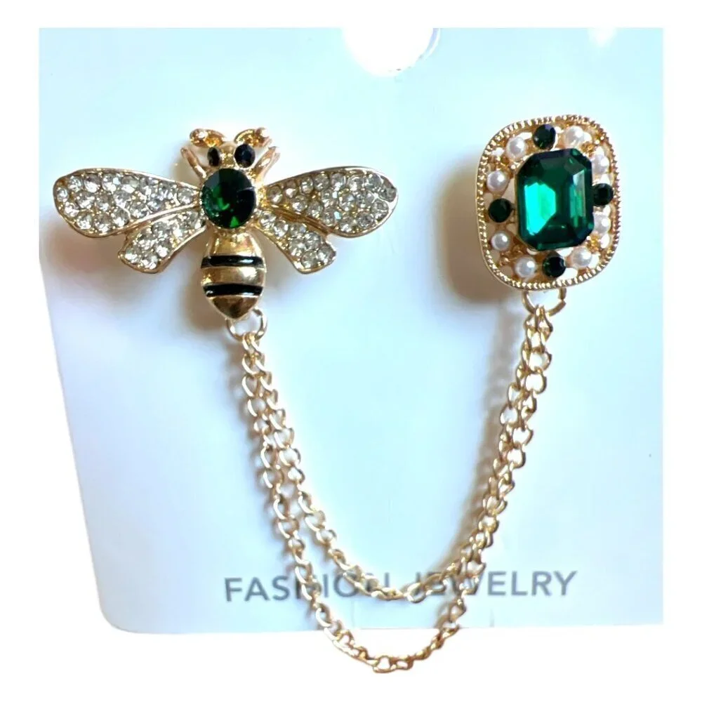 New Gold Bee Brooch CZ Green Hanging Chain Connector Handbag Accessory Stud Pins